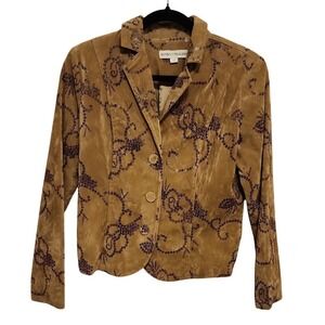 Vintage Bamboo Traders Tan Sequin Embellished Faux Suede Blazer Jacket Women PM